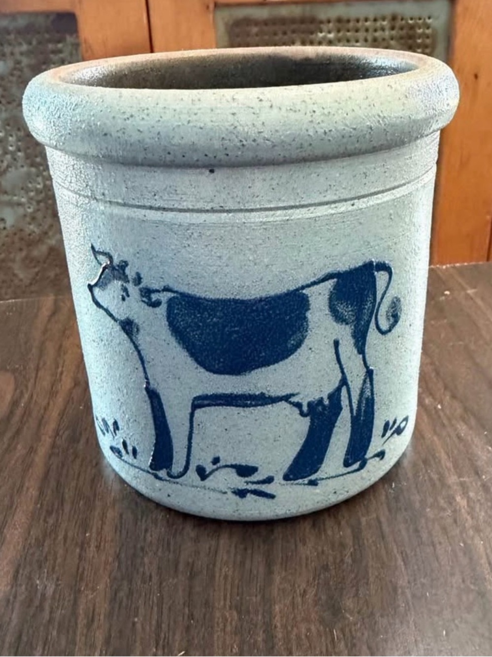 Rockdale Union Stoneware 1992 Salt Glaze Crock - Blue Cow & Floral Motif pottery